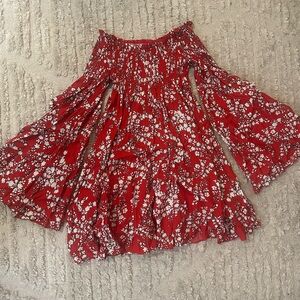 VICI Floral Red Women's Off The Shoulder Bell Sleeve Baby Doll Mini Dress